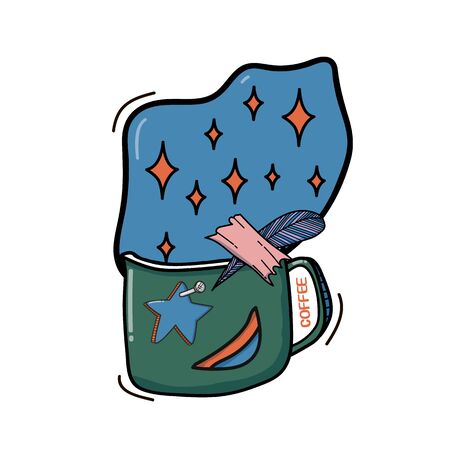 Illustration of a green mug with a star on a pin. Enchanted twinkling stars in the blue sky. Vector illustration with a cup.のイラスト素材