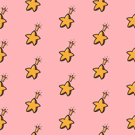 Stars are yellow, volumetric seamless patterns. Heavenly life vector wrapping paper. Illustration of a child's drawing. Star world textile ornamentのイラスト素材