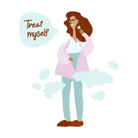 Flat color illustration young woman eating ice cream. Have a motivational inscription pamper yourself. Pleasure, relax.のイラスト素材