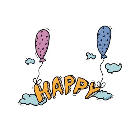 Illustration of the inscription Happiness. Balloons soar in the clouds. Vectorのイラスト素材
