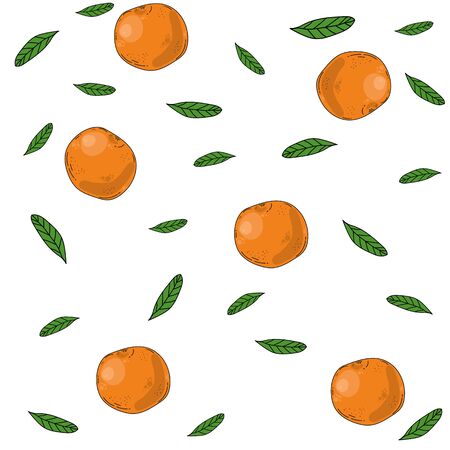 Mandarin flat hand drawn illustration. Green leaves, cartoon citrus fruits on a bright background. Oranges, tangerines and foliage Scandinavian style. Lovely seamless pattern, wrapping paper, textile for nursery or pajamas.のイラスト素材