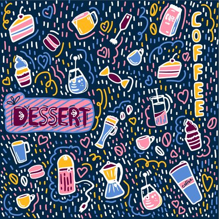 vector illustrations of coffee drinks and desserts combined with letters. Various cups of coffee, coffee grinder, coffee maker. Macaroons, pancakes, cakes. Complicated picture.のイラスト素材