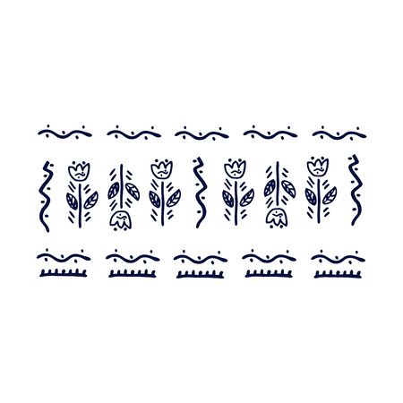 Nature in folk style flat vector illustration. Scandinavian floral decor. Flowers nordic decorative symbols. Greeting card, banner, textile print.のイラスト素材