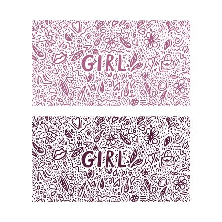Quote girl made in vector. Illustration female, freehand themed drawing. Doodle picture on the theme girl, woman. Flowers, characters, shoes, bag, lips, mirror, lipstick, hearts. The inscription on t-shirts, posters, cards.のイラスト素材