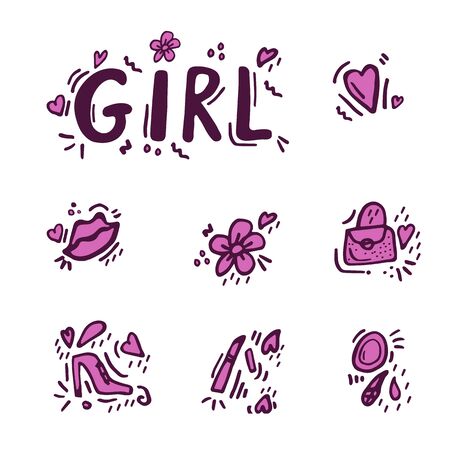 Set illustration of a woman, freehand themed drawings. Doodle image on a girl, woman theme. Flowers, characters, shoes, bag, lips, mirror, lipstick, hearts. The inscription on t-shirts, posters, postcards.のイラスト素材