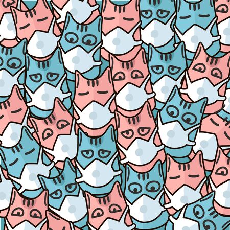 Coronavirus around the world. New coronavirus (2019-nKoV), cute cats in a white medical mask. Masked multi-colored cartoon cats. Quarantine background. Coronavirus concept cartoon vector illustration Texture Baby vector illustration in scandinavian style.のイラスト素材