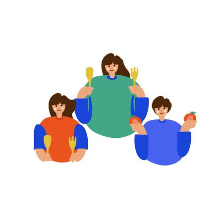 Illustration of a family cooking. Freehand drawing illustrating the process of cooking food. Family drawing, mother, son and daughter prepare to eat, vegetables, a spoon. Great for poster, menuの写真素材