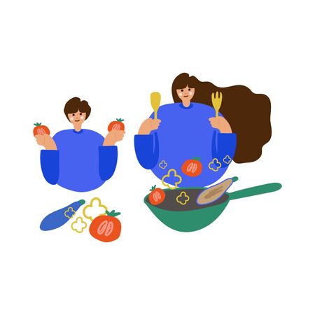 Illustration of a boy, a girl cooking. Freehand drawing illustrating the process of cooking food. Family drawing, children prepare to eat, vegetables, a spoon. Great for poster, menuの写真素材