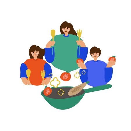 Illustration of a family cooking. Freehand drawing illustrating the process of cooking food. Family drawing, mother, son and daughter prepare to eat, vegetables, a spoon. Great for poster, menuの写真素材