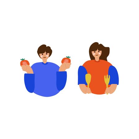 Illustration of a boy, a girl cooking. Freehand drawing illustrating the process of cooking food. Family drawing, children prepare to eat, vegetables, a spoon. Great for poster, menuの写真素材