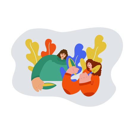 Illustration of a family planting a joint. Freehand drawing illustrating the learning process of plant growing. Family drawing, two sisters spending time togetherの写真素材
