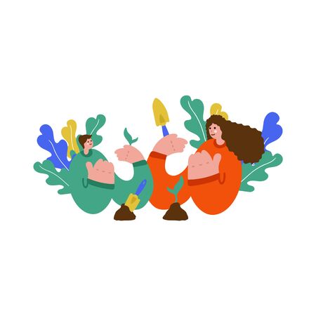 Illustration of a family teaching children. Freehand drawing illustrating the learning process of plant growing. Family drawing, mother and son spending time together, teaching sonの写真素材