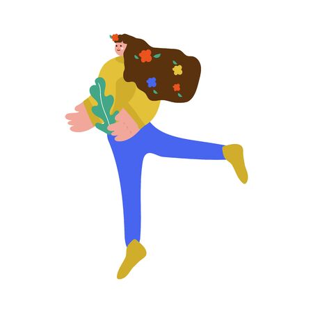 Vector illustration Girl with a bore flat vector illustration. Flat design women. Girl with plants plants isolated cartoon characters. Demonstration of a garden, garden, plantingの写真素材