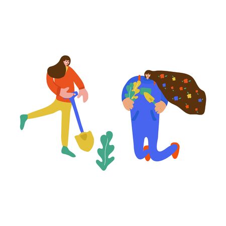 Illustration of a family planting a joint. Freehand drawing illustrating the learning process of plant growing. Family drawing, two sisters spending time togetherの写真素材