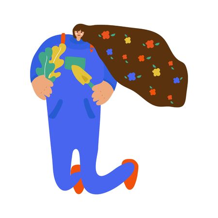Vector illustration Girl with a bore flat vector illustration. Flat design women. Girl with plants plants isolated cartoon characters. Demonstration of a garden, garden, plantingの写真素材