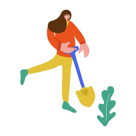 Vector illustration Girl with a bore flat vector illustration. Flat design women. Girl with plants plants isolated cartoon characters. Demonstration of a garden, garden, plantingの写真素材