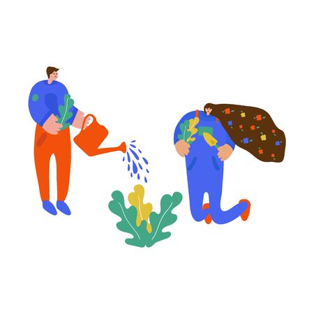 Illustration of a family teaching children. Freehand drawing illustrating the learning process of plant growing. Family drawing, mother and son spending time together, teaching sonの写真素材