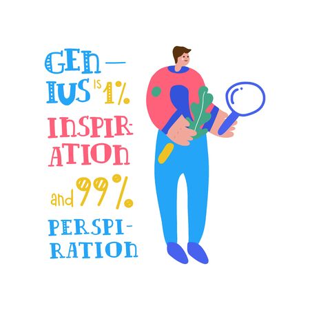 Lettereng Genius is 1 percent inspiration and 99 percent sweat. Handwritten motivational quote. Retro letters. Perfect for a poster and lettering on a t-shirtの写真素材