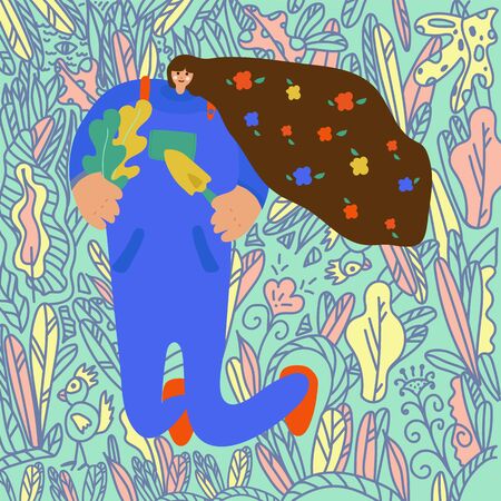 Vector illustration Girl with drill flat vector illustration. Background drawn by hand, foliage, nature, garden. Doodle style background. Flat design women. Girl with plants plants isolated cartoon characters. Demonstration of the garden, vegetable garden, plantingの写真素材