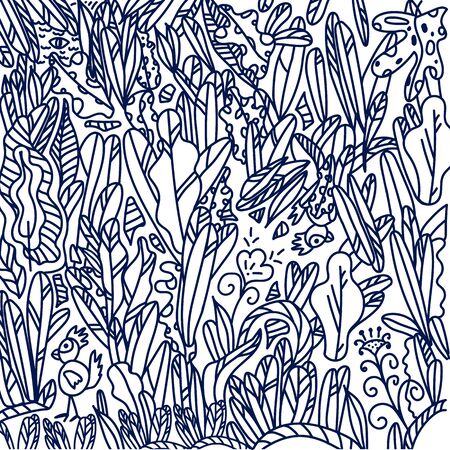 Background drawn by hand, foliage, nature, garden. Doodle style background. Flat design texture with plants plants plants isolated cartoon characters. Demonstration of the garden, vegetable garden, plantingの写真素材