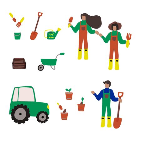 Set, hand-drawn illustration, farm plant growing. A set of items and things that come in handy on the farm. People on a farm in boots. Set for a beginner gardener. Stay indoors. Vector illustrationのイラスト素材