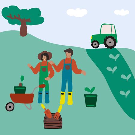 Hand-drawn illustrations, farm plant growing. Illustrations showing the planting of plants in the spring on the farm. People on a farm in boots. People in nature. Do not stay at home. Relax Unity with nature. Vector illustrationのイラスト素材