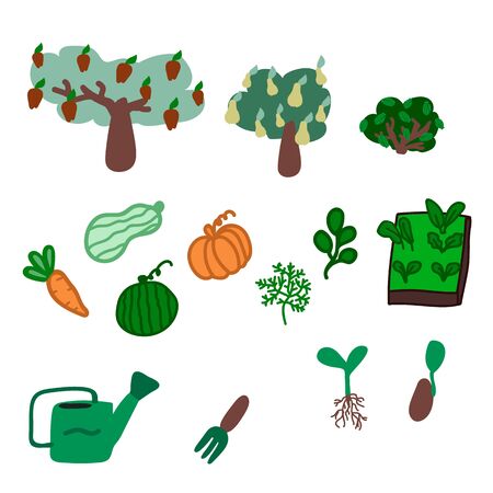 Set, hand-drawn illustration, farm plant growing. A set of items and things that come in handy on the farm. People on a farm in boots. Set for a beginner gardener. Stay indoors. Vector illustrationのイラスト素材