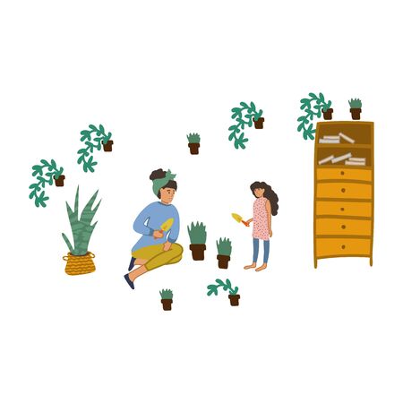 Hand-drawn illustration, mom teaches daughter plant growing. The home garden is at home. Mom shows her daughter how to squeeze plants into pots. Home schooling. Stay indoors. Vector illustrationのイラスト素材