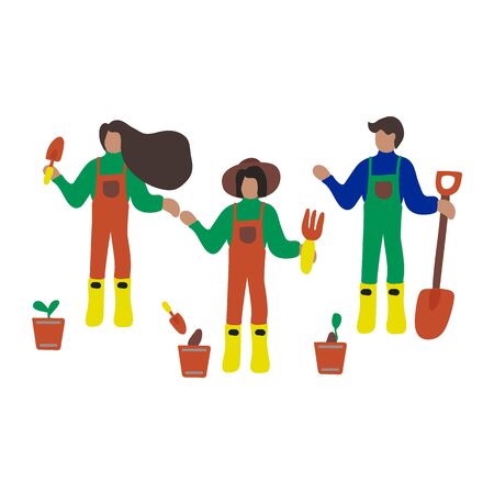 Set, hand-drawn illustration, farm plant growing. A set of items and things that come in handy on the farm. People on a farm in boots. Set for a beginner gardener. Stay indoors. Vector illustrationのイラスト素材