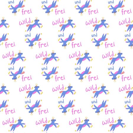 Seamless background. Handwritten inscription with illustration. Wild and free and horse with the dream of becoming a unicorn. Vector illustration Life-affirming matting lettering. Ideal for textiles and packagingのイラスト素材