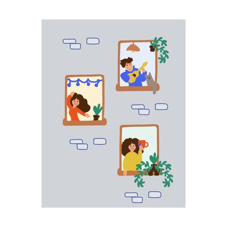 Hand-drawn doodle people in the window. Vector illustration showing family and neighbors are at home in the window. Enjoy being at home, home comfort. Leader at home. Household chores and hobbiesのイラスト素材