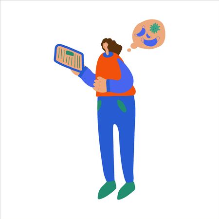 Vector illustration of people who read a newspaper or news on a tablet. A cloud with text or illustration related to news and global events. Hand-drawn imagesのイラスト素材