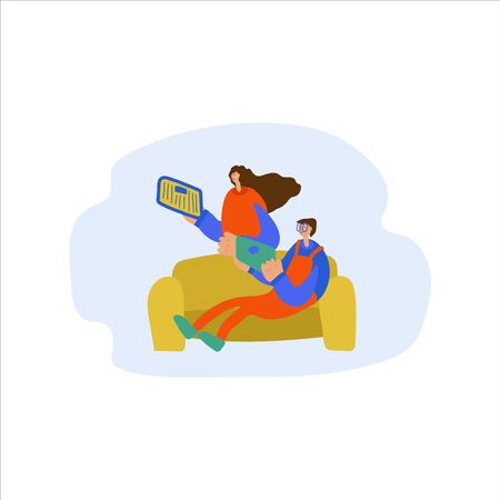 Vector illustration Mom and son are sitting at home, reading a newspaper or news on a tablet. Sitting at home, home furnishings: sofa carpet, potted flowers. Events related to news and global events. Hand-drawn imagesのイラスト素材
