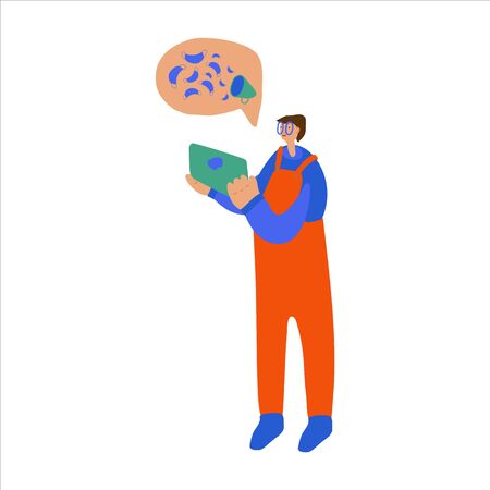 Vector illustration of people who read a newspaper or news on a tablet. A cloud with text or illustration related to news and global events. Hand-drawn imagesのイラスト素材