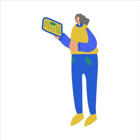 Vector illustration of people who read a newspaper or news on a tablet. A cloud with text or illustration related to news and global events. Hand-drawn imagesのイラスト素材