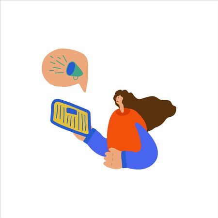 Vector illustration of people who read a newspaper or news on a tablet. A cloud with text or illustration related to news and global events. Hand-drawn imagesのイラスト素材