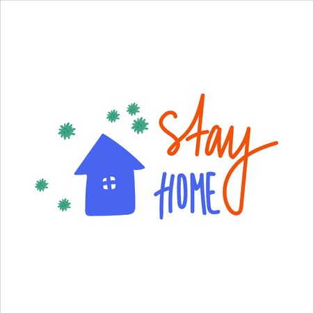 Stay home with an illustration of a house in and around viruses raging. Vector flat illustration in doodle style. Labels reflecting global events of the worldのイラスト素材