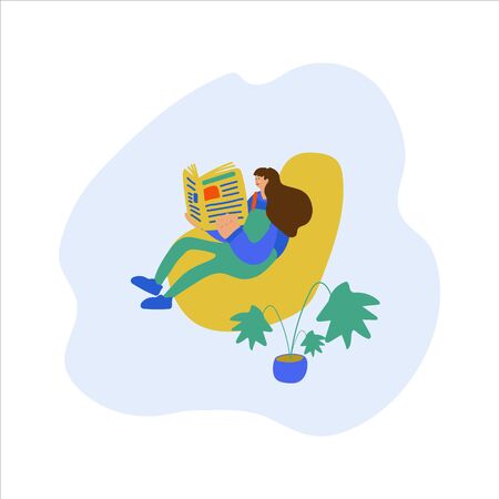 Vector illustration of a girl sitting who reads a newspaper or news on a tablet. Events related to news and global events. Hand-drawn imagesのイラスト素材