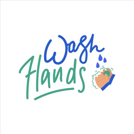 The inscription Wash your hands and illustration. Vector flat illustration in doodle style. Labels reflecting global events of the worldのイラスト素材