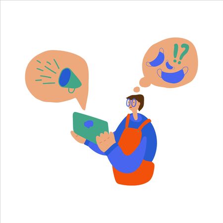 Vector illustration of people who read a newspaper or news on a tablet. A cloud with text or illustration related to news and global events. Hand-drawn imagesのイラスト素材