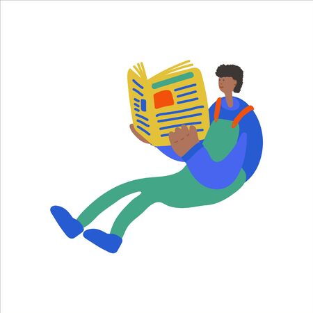 Vector illustration of a boy sitting who reads a newspaper or news on a tablet. Events related to news and global events. Hand-drawn imagesのイラスト素材
