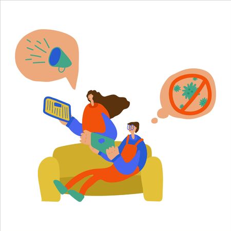 Vector illustration Mom and son are sitting at home, reading a newspaper or news on a tablet. Sitting at home, home furnishings: sofa carpet, potted flowers. Events related to news and global events. Hand-drawn imagesのイラスト素材