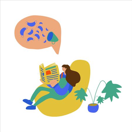 Vector illustration of a girl sitting who reads a newspaper or news on a tablet. Events related to news and global events. Hand-drawn imagesのイラスト素材
