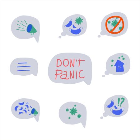 Hand-drawn illustration of a cloud with text. Objects reflecting global events of the world a medical mask, viruses, a lot of questions, do not panic. Drawn vector imagesのイラスト素材