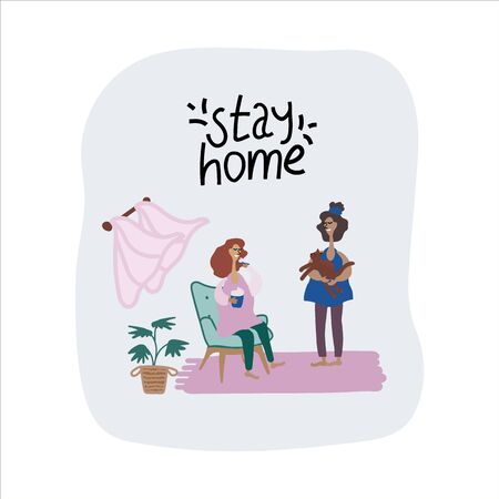 Caption Stay at home in a doodle style. Vector flat illustration girl and mom with a cat in her arms, at home. Labels reflecting global events of the worldのイラスト素材