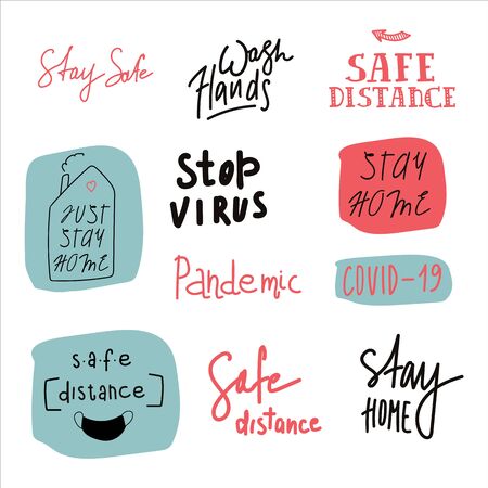CoronaVirus letters set. Vector flat illustration in doodle style. Clean hands. To stay home. Stop the virus. Do not panic. Social distance. Wash your hands. Stay safe. Labels reflecting global events of the worldのイラスト素材