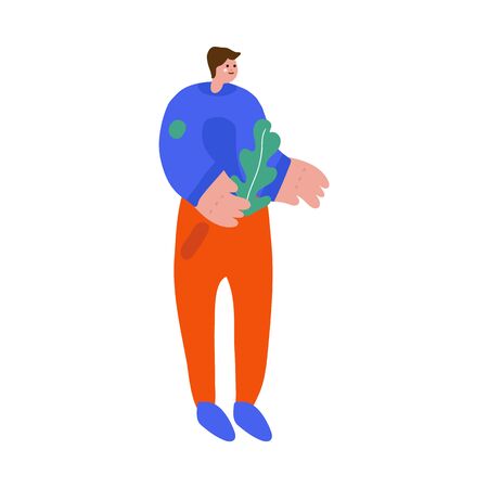A vector illustration of a guy with a plant. Flat design men. Guy with a plant isolated cartoon characters. Demonstration of the garden, vegetable garden, plantingのイラスト素材