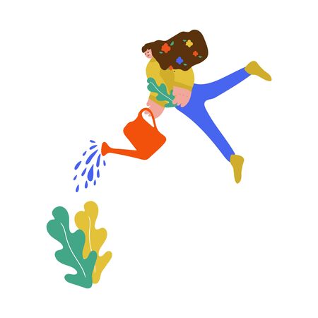 Vector illustration Girl with a bore flat vector illustration. Flat design women. Girl with plants plants isolated cartoon characters. Demonstration of a garden, garden, plantingのイラスト素材