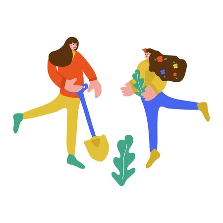 Illustration of a family planting a joint. Freehand drawing illustrating the learning process of plant growing. Family drawing, two sisters spending time togetherのイラスト素材