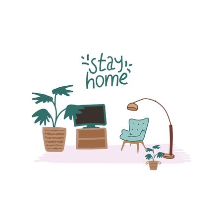 Freehand drawing showing furniture, home interior. Sit at home, safe at homeのイラスト素材